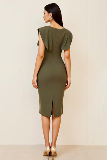 Olive Ruched Bodycon V Neck Midi Formal Dress